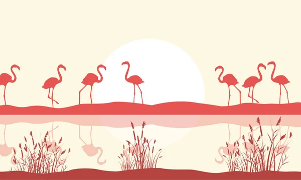 Ilustração flamingo cena na silhueta do lago — Vetor de Stock