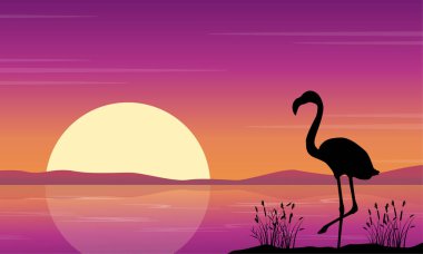 Flamingo siluetleri ile Lake olay yerinde