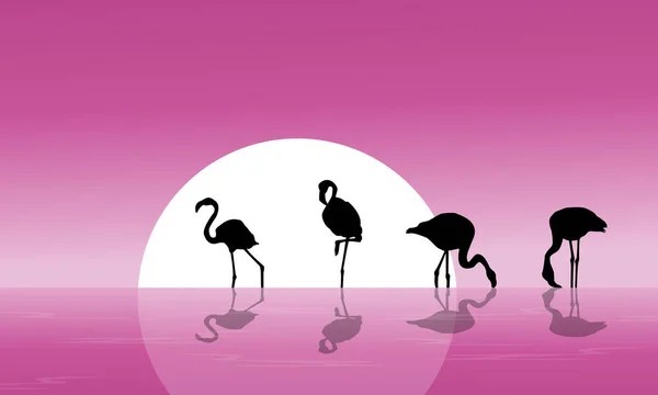 Flamingo sulle sagome del paesaggio lacustre — Vettoriale Stock