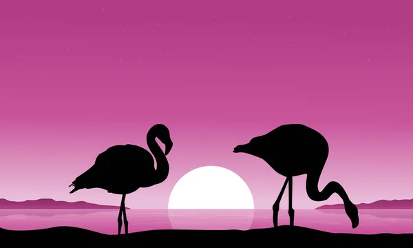 Flamingo em silhuetas de paisagem de margem de rio — Vetor de Stock