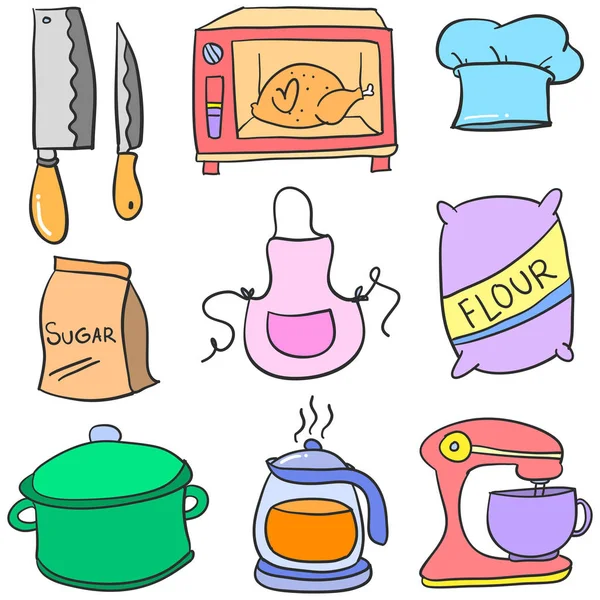 Colección conjunto de cocina doodles coloridos — Vector de stock