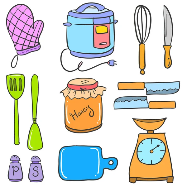 Set de cocina accesorios colección doodle — Vector de stock