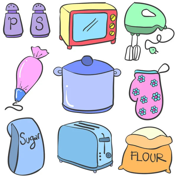 Colección de juego de cocina doodle colorido — Vector de stock