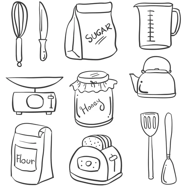 Set de equipos de cocina doodles — Vector de stock