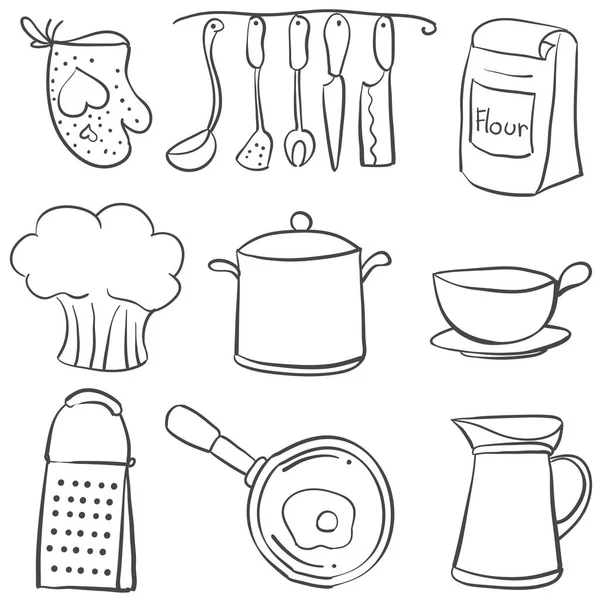 Equipo de cocina estilo doodle — Vector de stock