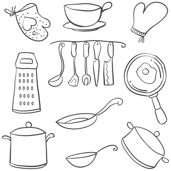 Doodle di set da cucina varie attrezzature — Vettoriale Stock