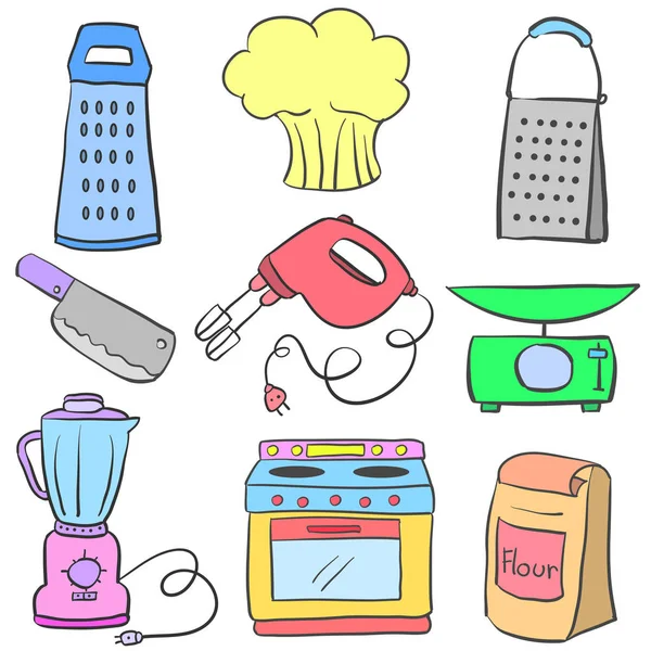 Doodle de equipo conjunto de cocina colorido — Vector de stock