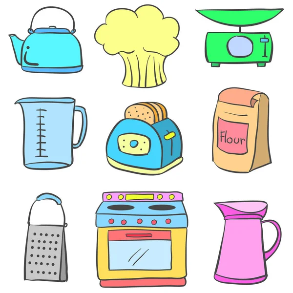Berendezések konyha színes doodle stílus — Stock Vector
