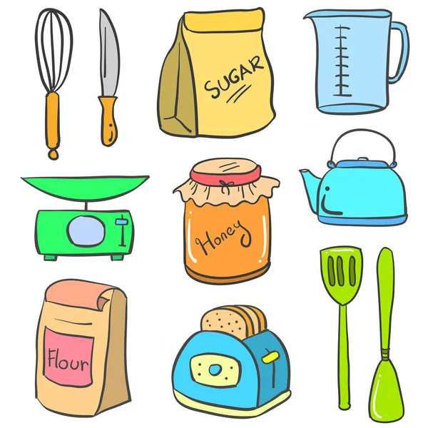 Doodle de equipo de cocina conjunto colorido — Vector de stock