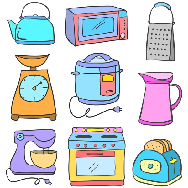 Equipo de cocina juego colorido garabato — Vector de stock