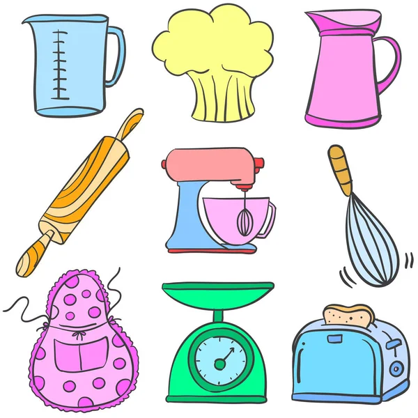 Equipo de cocina estilo doodle colorido — Vector de stock