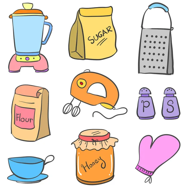 Doodle de equipo de cocina estilo colorido — Vector de stock