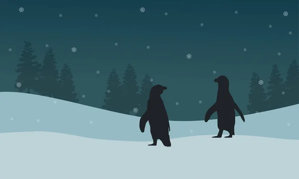Silueta pingüino y abeto paisaje — Archivo Imágenes Vectoriales