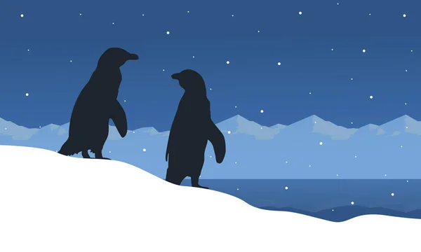 Paisaje de pingüino sobre siluetas de hielo — Vector de stock
