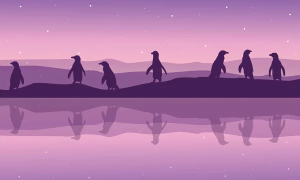 Pingüino de reflexión en el paisaje de la silueta del río — Vector de stock