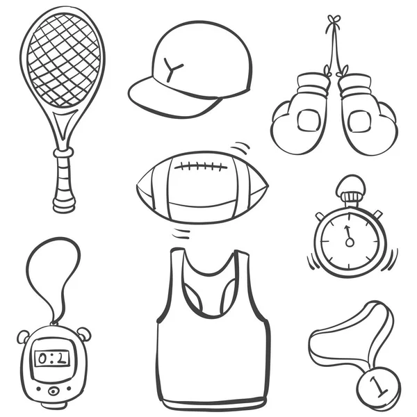 Equipamiento deportivo diverso estilo doodle — Vector de stock