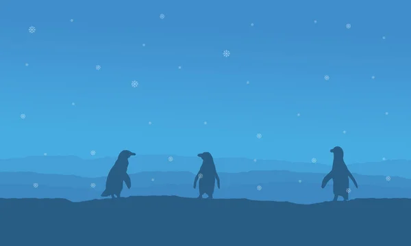 Sylwetka pingwina na snow hill krajobraz — Wektor stockowy
