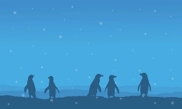 Silueta de pingüino alineado en el paisaje de la colina — Vector de stock