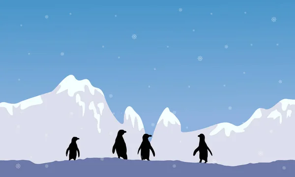 Paisaje gran montaña de nieve con silueta de pingüino — Archivo Imágenes Vectoriales