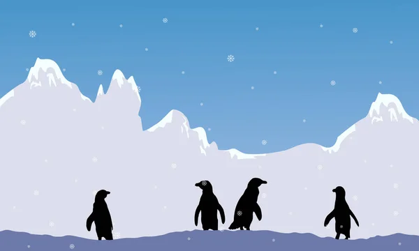 Snow góry dekoracje z sylwetka Pingwin — Wektor stockowy