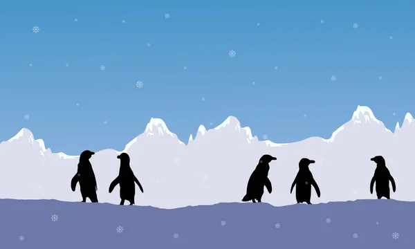 Paisaje montaña de nieve con silueta de pingüino — Archivo Imágenes Vectoriales