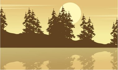 Göl manzara ile Ladin silüeti