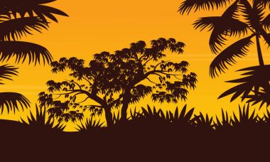 Orman ağaç ve palmiye siluet manzara ile