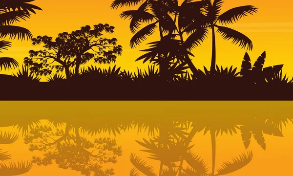 River scenery on jungle scenery silhouette — Stock Vector