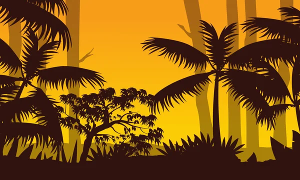 Bos landschap bij zonsondergang met Boom silhouet — Stockvector