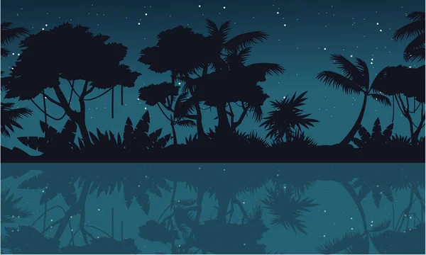 Seenlandschaft auf Dschungel-Silhouette bei Nacht — Stockvektor