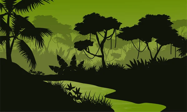 Silhouette de jungle avec paysage fluvial — Image vectorielle