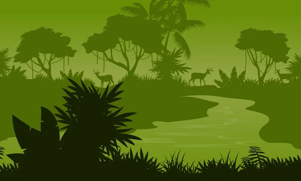 Rivière sur les silhouettes de paysages forestiers — Image vectorielle