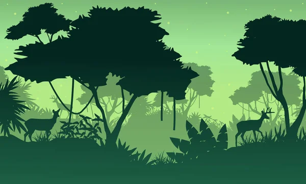 Paysage de jungle avec silhouette de cerf — Image vectorielle