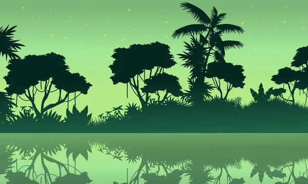Jungle avec scène de lac de silhouette — Image vectorielle