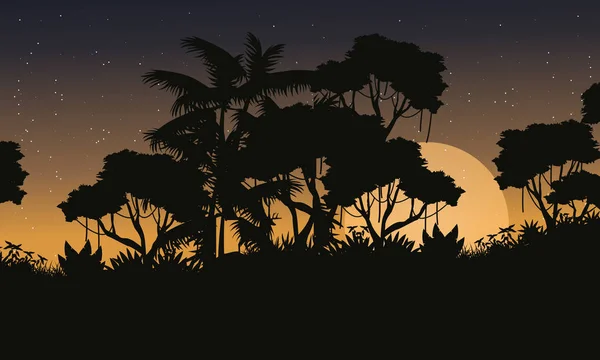 Landschap jungle bos met Boom silhouet — Stockvector