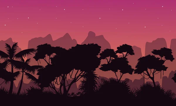 Beauté scène forêt tropicale avec silhouette de montagne — Image vectorielle