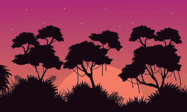 Paisaje de la selva al amanecer estilo silueta — Vector de stock