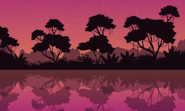 Silhouette de jungle avec réflexion la nuit — Image vectorielle