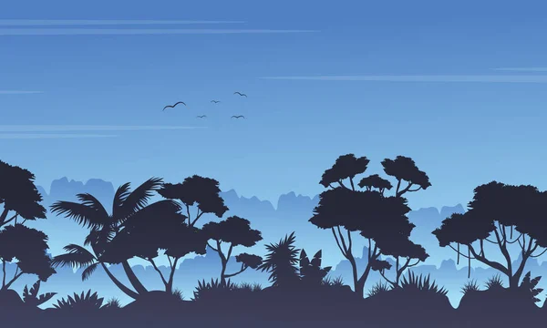 Silueta de árbol en el paisaje de la selva tropical — Vector de stock