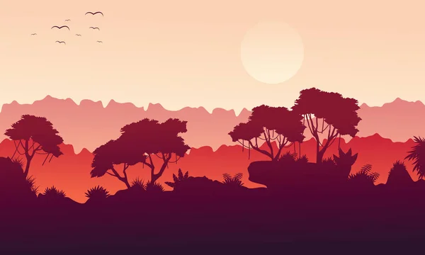 Collection jungle paysage avec silhouette d'arbre — Image vectorielle