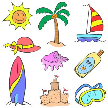 Plaj tatil nesne koleksiyonu stokunun doodles