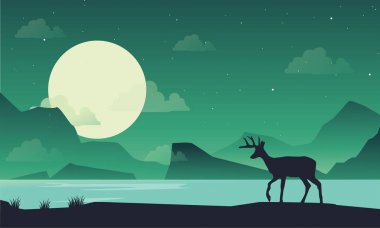 Gece manzarası, göl kenarında geyik silüeti