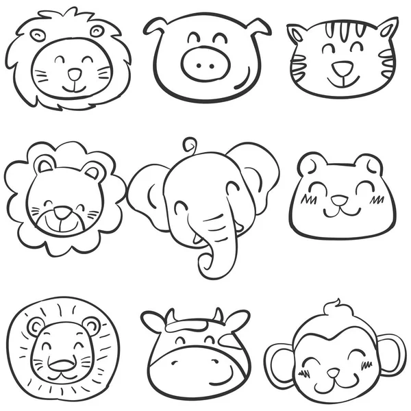 Collection of animal head doodle set — Stock Vector