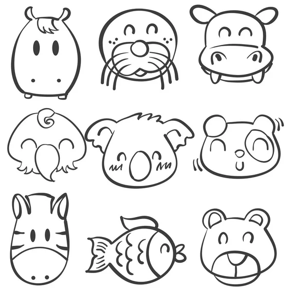 Lindo animal cabeza doodle estilo colección — Vector de stock