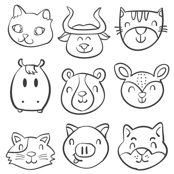 Animal cabeça estilo mão desenhar rabiscos —  Vetores de Stock