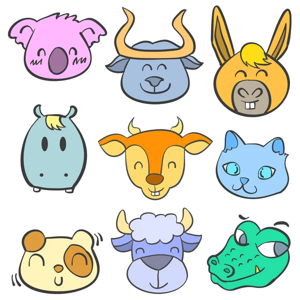 Colección animal cabeza lindo doodle estilo — Vector de stock