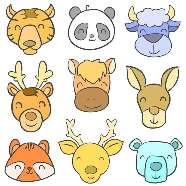 Söt djur huvud färgglada doodles — Stock vektor