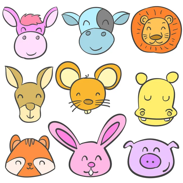 Doodle set animal head colorful — Stock Vector