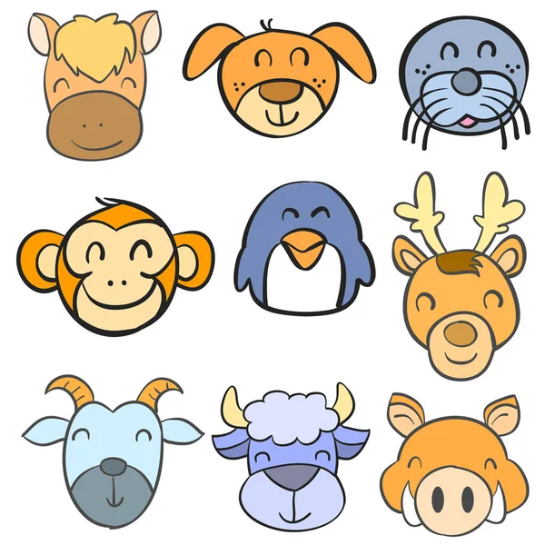 Collection stock tête d'animal drôle de style doodle — Image vectorielle