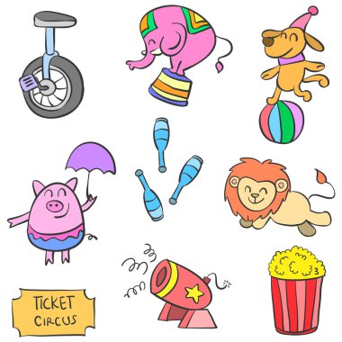 Sevimli hayvan sirk ve öğe renkli doodle